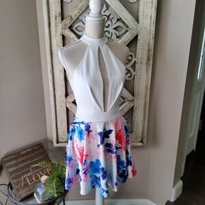 Banjul Women's Sleeveless Open Back Halter Cutout Skater Mini Dress in Floral